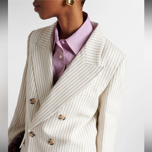 NEW Frame Pinstripe Cotton-Linen Double Breasted Blazer Cream Multi Size 2 - Picture 3 of 14